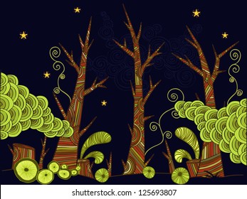 Vector illustration, decorative drawing, psychedelic landscape, card concept.