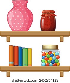 Vector illustration of decorative and edible items on shelves.