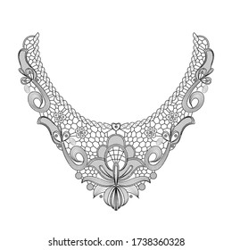 Vector illustration of a decorative element on a women's dress or blouse, lace, embroidery, print.Linear design isolated on a white background.