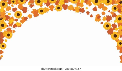 Vector illustration of a decorative fall archway featuring yellow sunflowers and burnt orange autumn maple leaves arranged on a white background for seasonal floral border design.