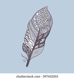 Vector illustration of Decorative feathers. Hand drawn vector illustration