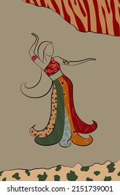 Vector illustration of decorative female image in fashion design. Mosaic of different materials and ornament