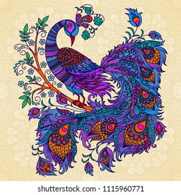 Vector illustration. Decorative firebird on a beige background. A bright fairy bird, a mythical creature phoenix on a flowering branch.