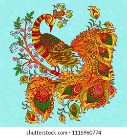 Vector illustration. Decorative firebird on a beige background. A bright fairy bird, a mythical creature phoenix on a flowering branch.