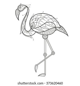Vector illustration decorative flamingo on white background. Fashion trend adult coloration. Bird with elements oriental motif Turkish cucumber. Black and white. Modern design.