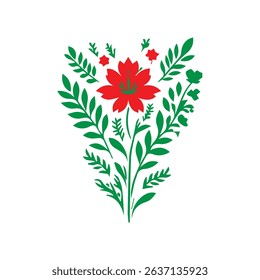 Vector illustration of a decorative floral emblem featuring a central red flower surrounded by symmetrical green leafy branches and smaller red buds. 