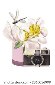 Vector illustration with the decorative flowers in box, dragonfly and retro camera for postcards, certificate, greeting cards, invitations, stickers on the  transparent background.