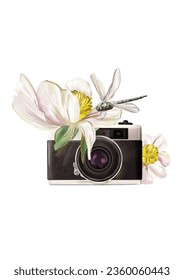 Vector illustration with the decorative flowers, dragonfly and retro camera for  certificate, greeting cards, logo, invitations, stickers on the  transparent background.