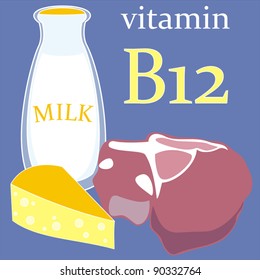 vector illustration with decorative  food and vegetables which  contain useful for peoples health vitamin B 12