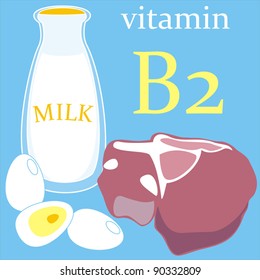 vector illustration with decorative  food and vegetables which  contain useful for peoples health vitamin B 2