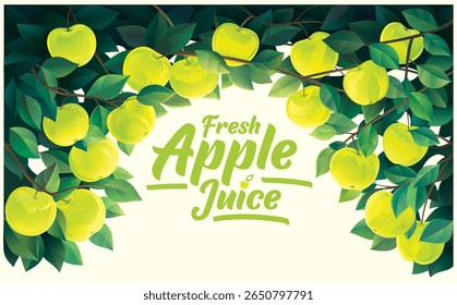 Vector illustration of an decorative frame made from apple tree branches with ripe apples and dense foliage. Yellow-green variety apples hang from the branches, creating a fresh and appetizing accent