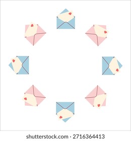 Ilustración vectorial de un marco decorativo hecho de sobres y letras románticas. Lindo diseño plano con corazones y colores suaves, ideal para tarjetas de San Valentín, invitaciones, carteles, estampados.
