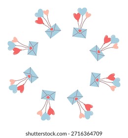 Ilustración vectorial de un marco decorativo hecho de sobres y globos de letras románticas. Diseño plano lindo con corazones y colores suaves, ideal para el día de San Valentín