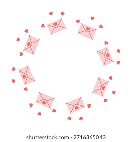 Vektorgrafik eines dekorativen Rahmens aus Umschlägen und romantischen Buchstaben. Nettes flaches Design mit Herzen und sanften Farben, ideal für Valentinstag-Karten, Einladungen, Poster, Drucke.