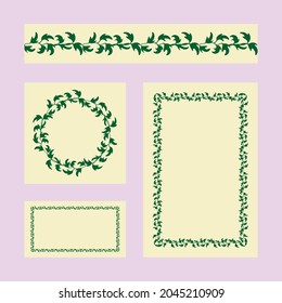 Ilustración vectorial del conjunto de marcos decorativos, postales y tarjetas de visita con bigote verde o hojas de uva para su diseño