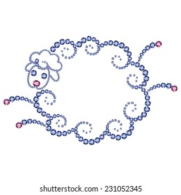 Vector illustration: decorative funny cartoon jumping sheep contour made of blue and pink diamonds isolated on white background