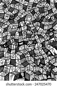 vector - illustration decorative geometrical structure with funny faces, symbols, urban, city - pattern