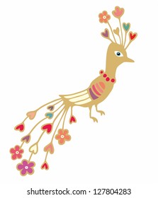 Vector illustration with decorative golden bird with floral tail on white background
