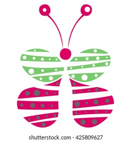 Vector illustration of decorative green and pink butterfly isolated on the white background. Series of Animals and Insects Illustrations.