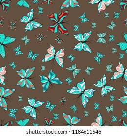 Vector illustration. Decorative hand drawn butterflies. Picture on brown, blue and white colors. Fashion nice fabric design.