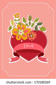 Vector illustration with decorative heart in centre and branch blossom flowers. Cute illustration for Valentines Day, design template