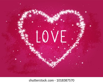 Vector illustration with a decorative heart made from stars and hand drawn inscription Love for Valentine's Day or for your design. In red color.