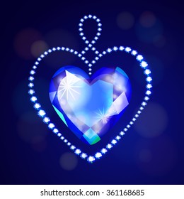 Vector illustration: decorative heart made of blue glittering crystals isolated on dark blue background with shining bokeh