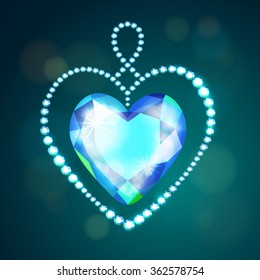 Vector illustration: decorative heart made of turquoise glittering crystals isolated on dark blue background with shining bokeh