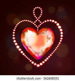 Vector illustration: decorative heart made of red glittering crystals isolated on dark brown background with shining bokeh