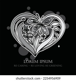 vector illustration decorative hearts icon greyscale color on black background: valentine, love, heart, valentine. butterfly icon, leaf, beautiful and elegant
