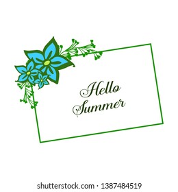 Vector illustration decorative hello summer for style of blue bouqet frames