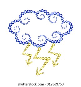 Vector illustration: decorative icon Cloud with lightnings made of blue and yellow crystals isolated on white background