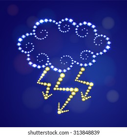 Vector illustration: decorative icon Cloud with lightnings made of light blue and yellow crystals isolated on dark blue background with bokeh circles