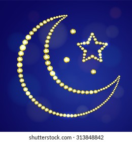 Vector illustration: decorative icon Lunar Night with Stars made of yellow crystals isolated on dark blue background with bokeh circles