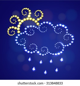 Vector illustration: decorative icon Partly Cloudy with Sun and Rain made of blue and yellow crystals isolated on dark blue background with bokeh circles