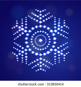 Vector illustration: decorative icon Snowflake made of light blue crystals isolated on dark blue background with bokeh circles