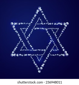 Vector illustration: decorative Jewish religion symbol David star made of blue hotspots on dark blue background