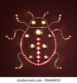 Vector illustration: decorative Ladybug silhouette made of brown and red diamonds on dark brown background