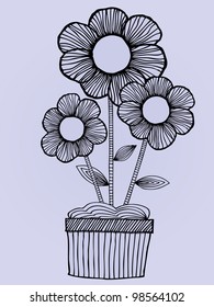 Vector illustration, decorative line drawing, three flowers in a pot, card concept.
