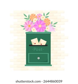 Vector illustration of a decorative mailbox filled with blooming flowers. A charming and creative spring or summer concept, symbolizing messages of love, nature, and positive emotions