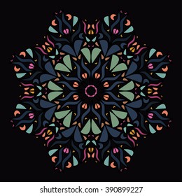 Vector illustration of decorative mandala with pale orange, green, dark grayish blue and pink pieces on black background. EPS 10