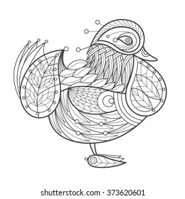 Vector illustration decorative mandarin duck on white background. Fashion trend of adult coloration. Bird with oriental motif Turkish cucumber. Black and white. Modern design.