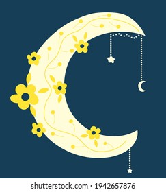 Vector illustration of decorative moon with flowers. For prints, posters, design, etc