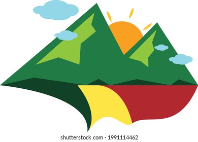 Vektorgrafik dekorativer Berg mit Sonne und Wolke Schöner Urlaub