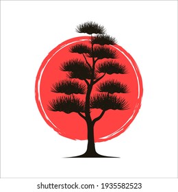 Vector illustration of a decorative niwaki bonsai tree on a white background. Garden bonsai niwaki with green pine thorns on a pine. Decorative trimming and pruning of trees and shrubs