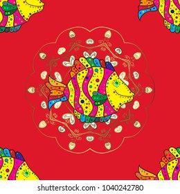 Vector illustration. Decorative ornament. Abstract Vector illustration. Seamless pattern with fishes. Color image of repeating and alternating constituent elements.Fishes on red, yellow and magenta.