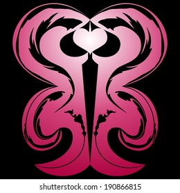 Vector illustration of decorative ornament with hearts, color transition from white to pink, on black background.