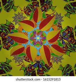 Vector illustration. Decorative ornament. Seamless pattern with fishes. Color image of repeating and alternating constituent elements.Fishes on red, brown and yellow. Abstract Vector illustration.