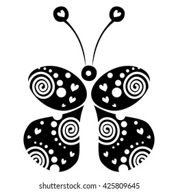 Vector illustration of decorative ornamental black and white butterfly isolated on the white background. Series of Animals and Insects Illustrations.