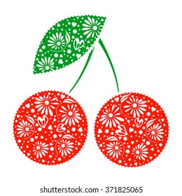 Vector illustration of decorative ornamental red cherry with leaf, isolated on the white background. Series of Fruits and Vegetables Illustrations.